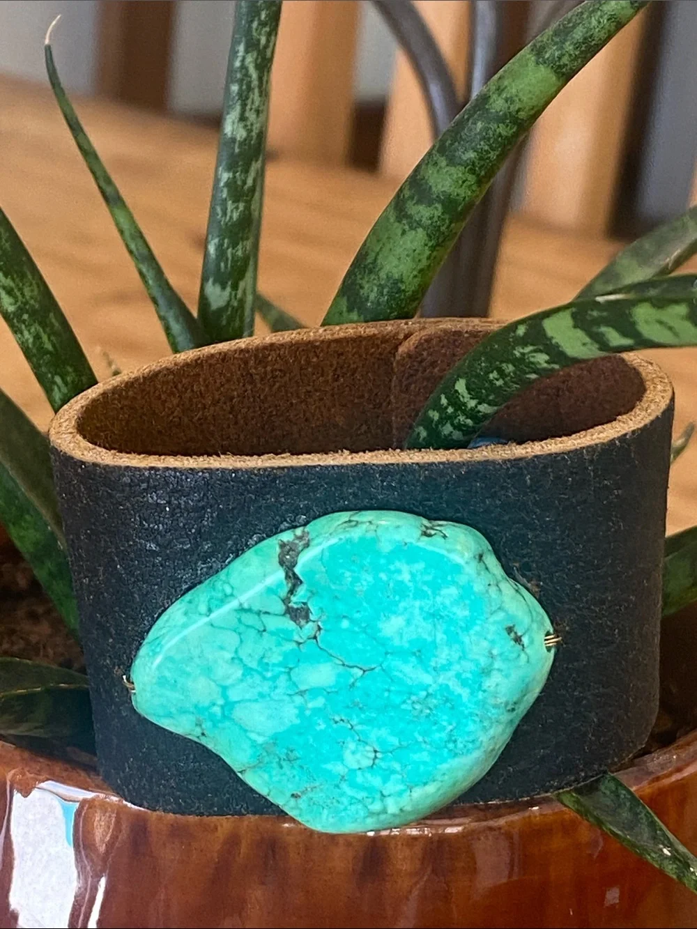 Artisan Designed Genuine leather with genuine slab turquoise stone bracelet